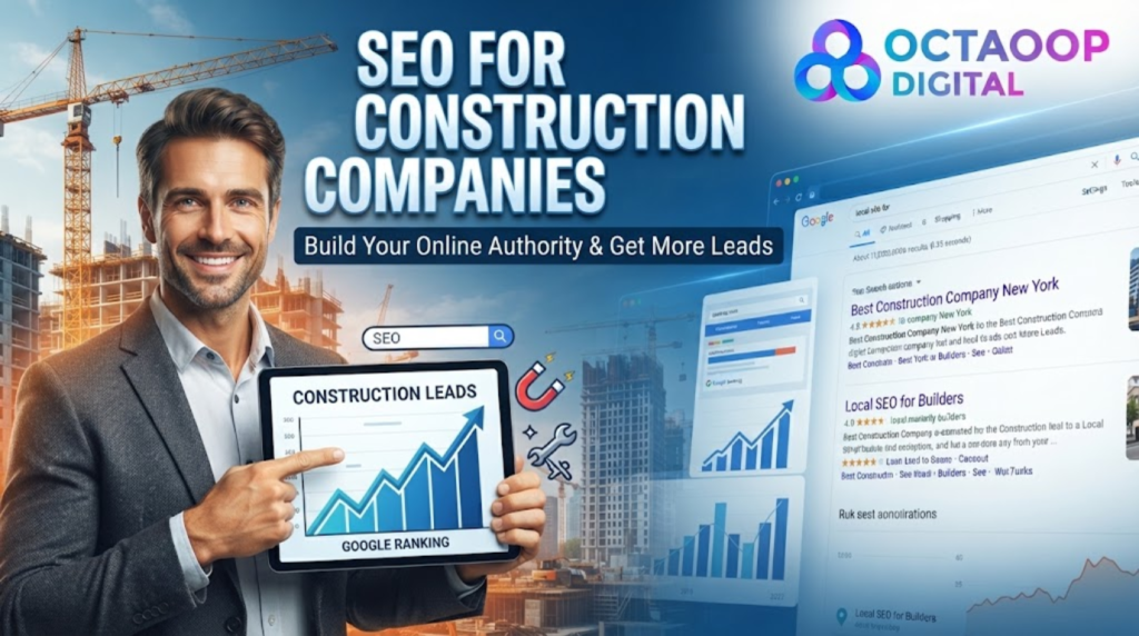 A digital marketing thumbnail for "Octaoop Digital" showing a professional man in a suit holding a tablet with a rising "Construction Leads" graph and "Google Ranking" text, with a background of construction sites and a Google search result page featuring "Best Construction Company New York". The main title reads "SEO FOR CONSTRUCTION COMPANIES" and the logo is in the top right.