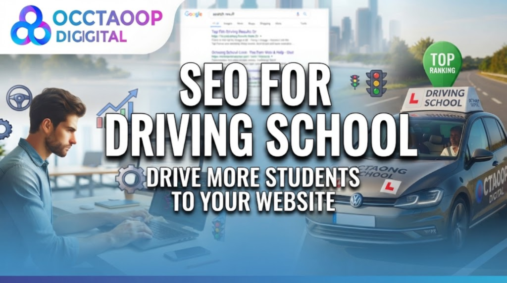 A digital marketing banner for 'Octaoop Digital' titled 'SEO FOR DRIVING SCHOOL - DRIVE MORE STUDENTS TO YOUR WEBSITE'. The image is split, showing a web developer on the left and a branded driving school car on a road on the right, with overlaid SEO icons and Google search results.