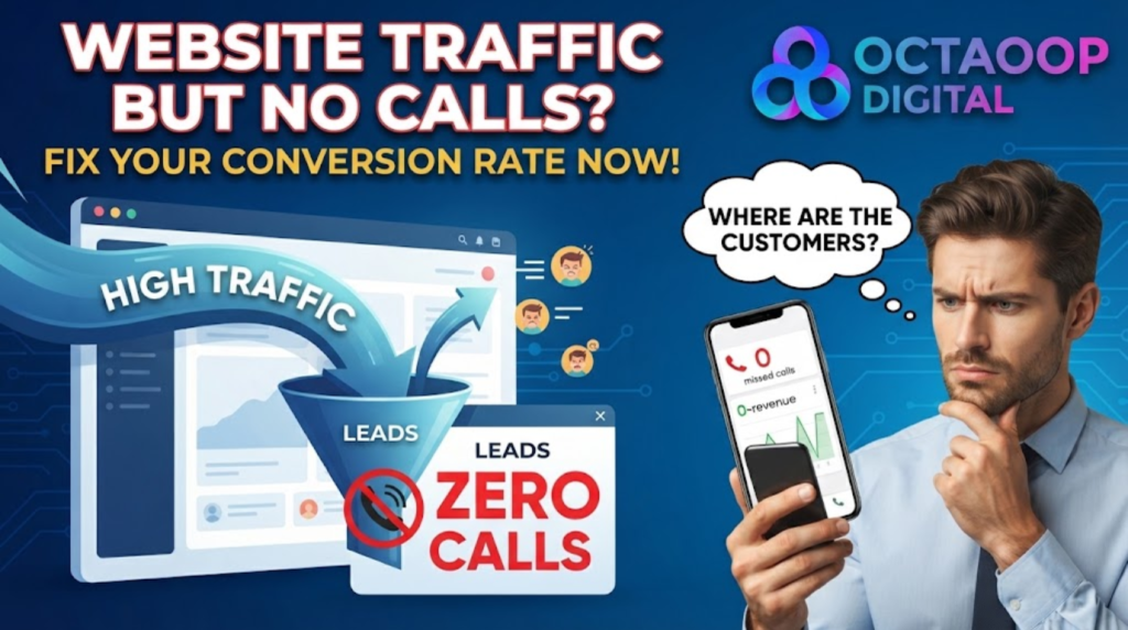 A professional digital marketing thumbnail on a blue background, featuring a confused business man on the right looking at a phone showing zero leads, and a website funnel on the left showing high traffic but no conversions. Large white and red text reads "WEBSITE TRAFFIC BUT NO CALLS? FIX YOUR CONVERSION RATE NOW!". The "OCTAOOP DIGITAL" logo is in the top right.