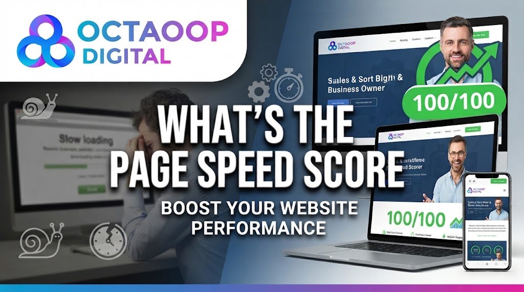 A digital marketing banner for "Octaoop Digital" titled "WHAT'S THE PAGE SPEED SCORE - BOOST YOUR WEBSITE PERFORMANCE". The image is split, showing a frustrated man with a slow desktop site on the left, and a happy man with a fast laptop and mobile site (both showing 100/100 scores) on the right.